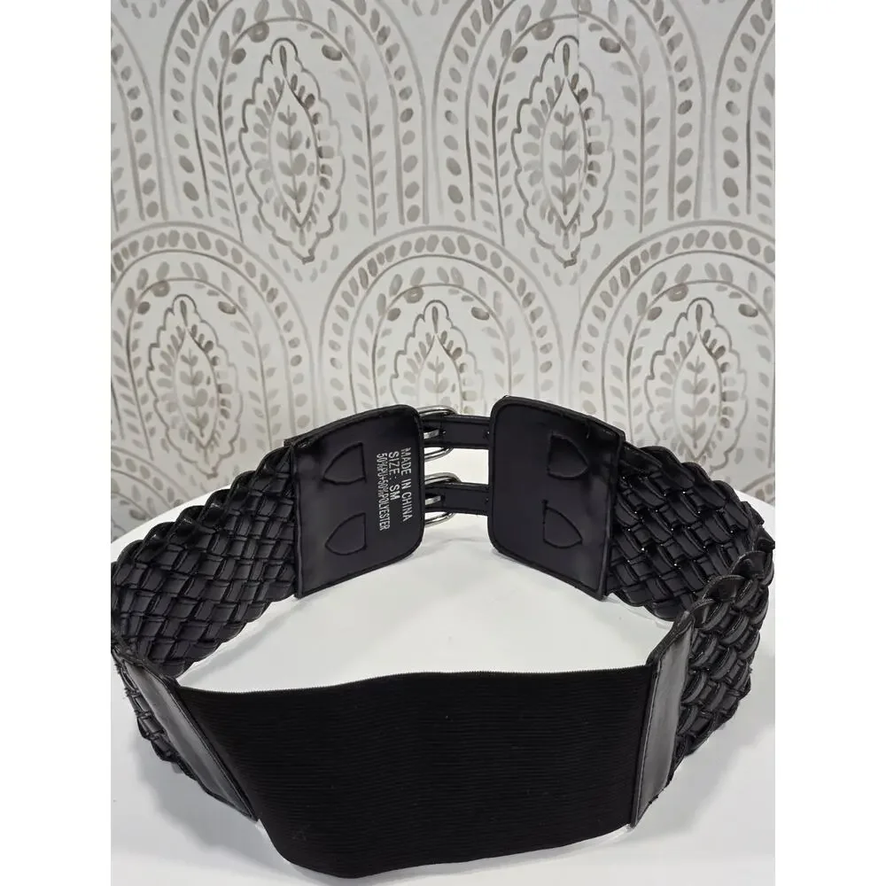 Goth Retro Women's size Small Wide Black Woven Waist Belt Double Buckle Stretch